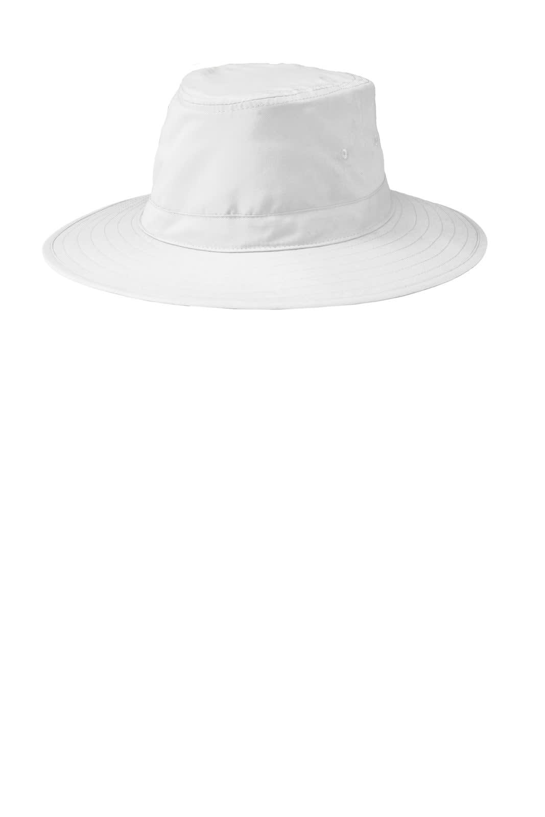 A white brim hat with a wide brim and a rounded top, featuring a logo.