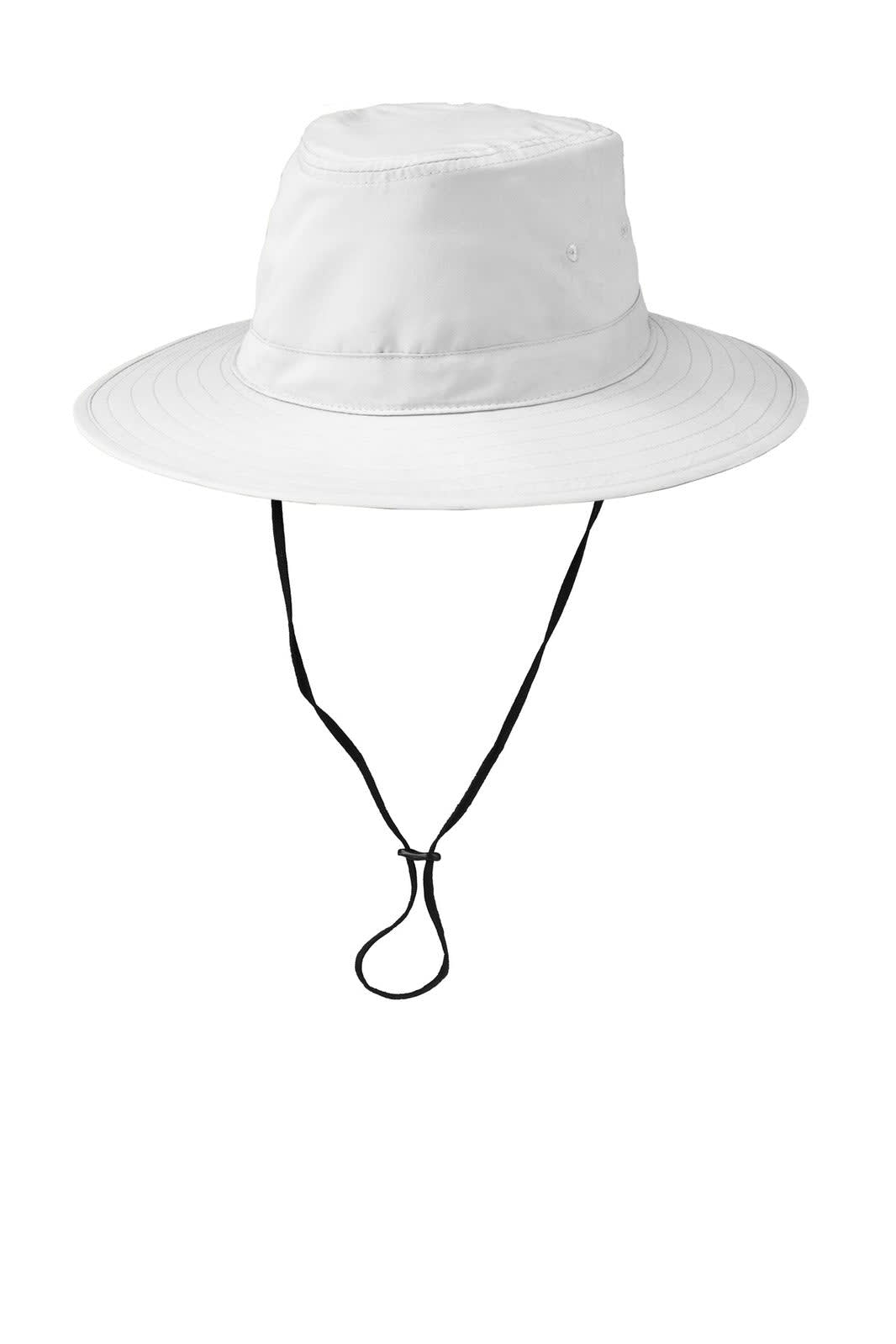 A white brim hat with a wide brim and a black adjustable chin strap. It features a logo.