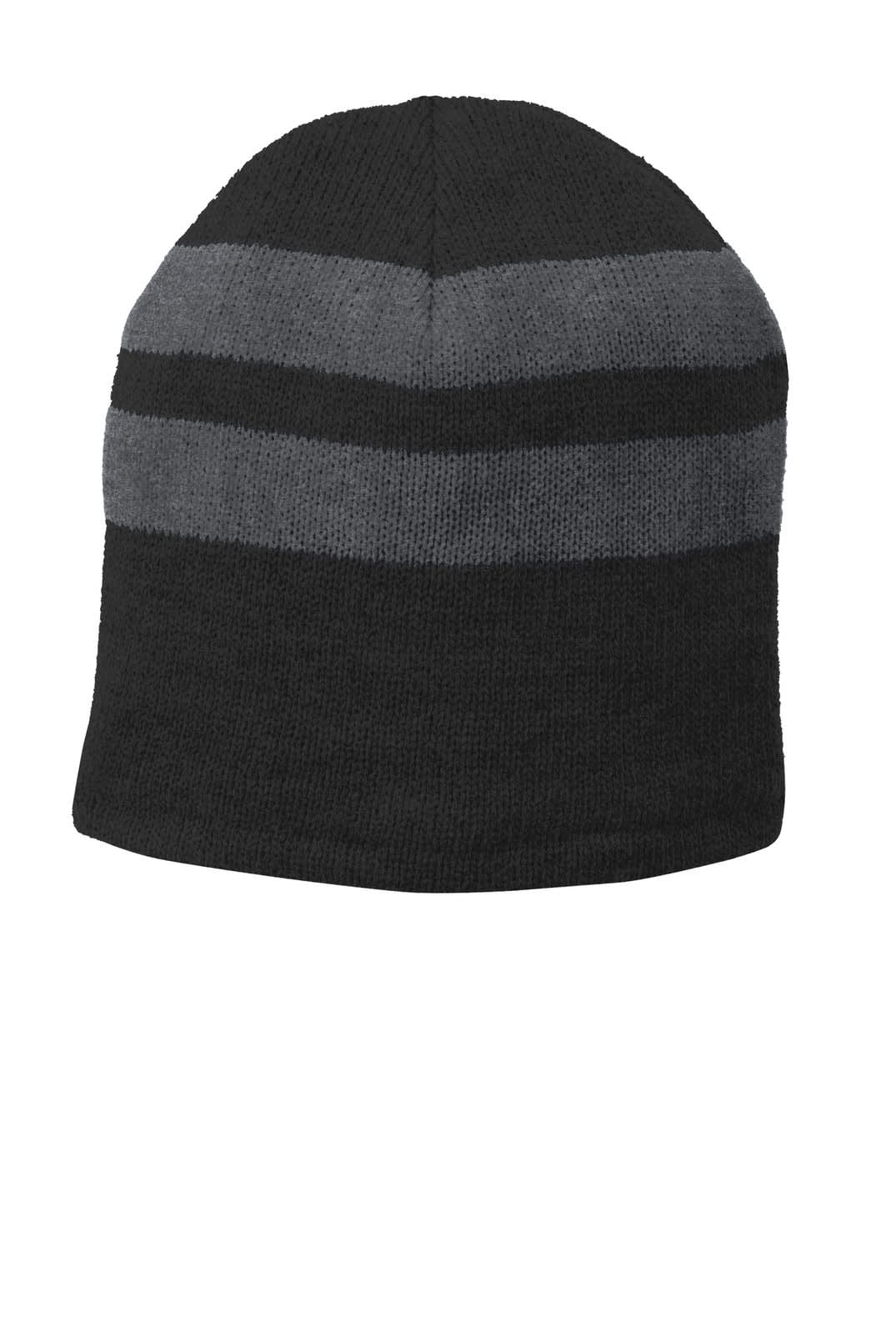 A fleece-lined beanie cap with black and grey stripes and a logo. Perfect for warmth in cooler weather.