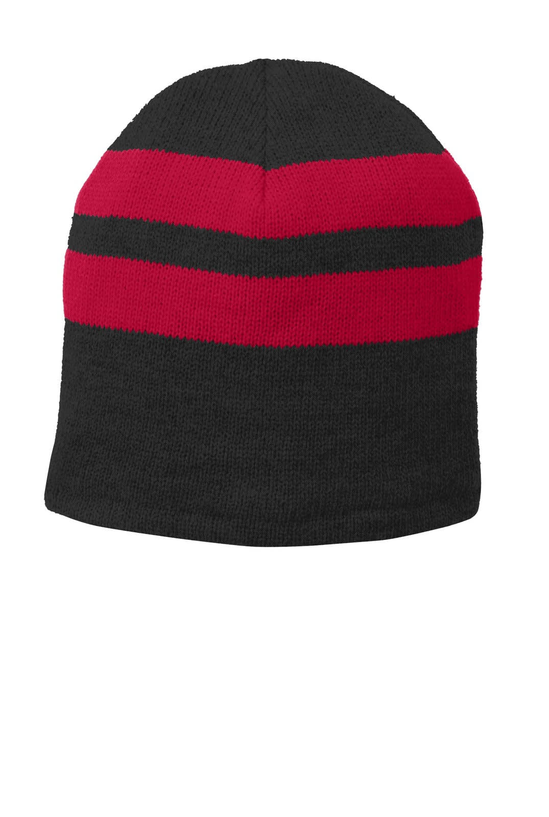 A fleece-lined beanie cap featuring black and red stripes, with a branding logo present.