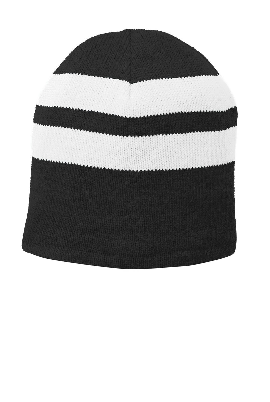 A black and white striped beanie cap with a fleece lining, featuring a logo on the side.