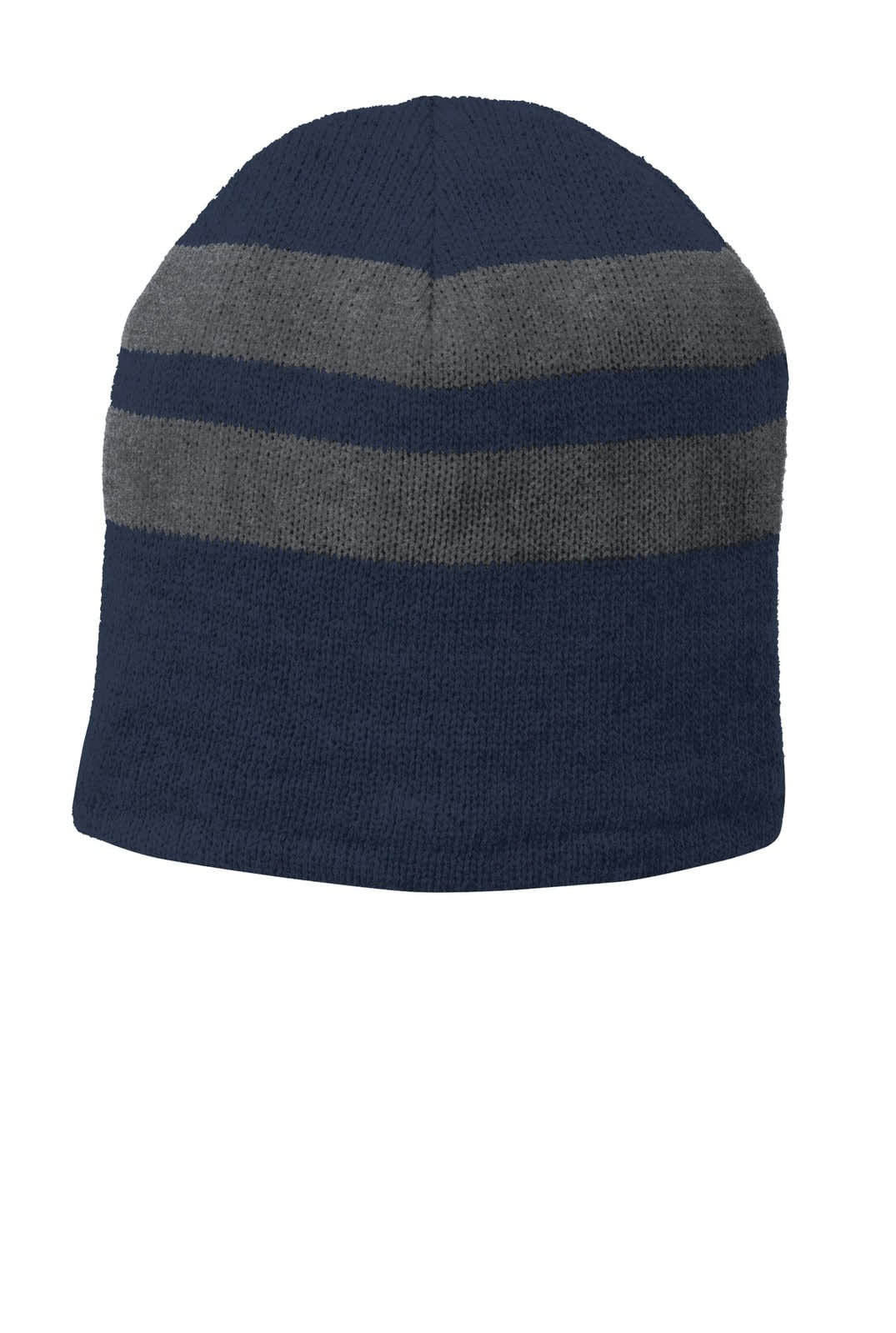 A striped beanie cap in navy and grey with a soft fleece lining. It features a logo on the side.