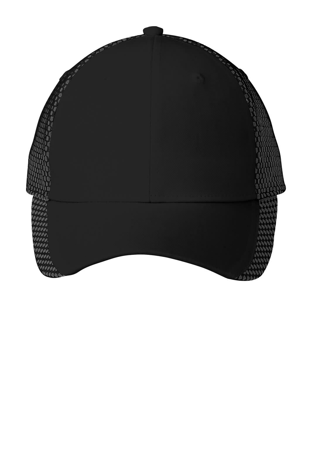 A black two-colour mesh back cap featuring a structured front and a mesh back, complete with a logo.