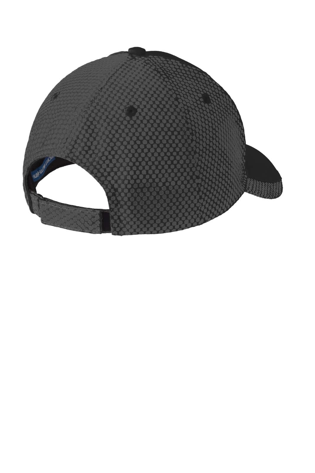 A two-colour mesh back cap in black and grey with a branded logo on the back.