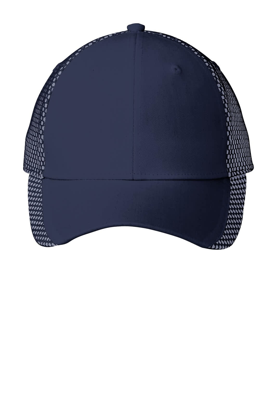 A navy blue cap with a mesh back and a branding logo on the side.