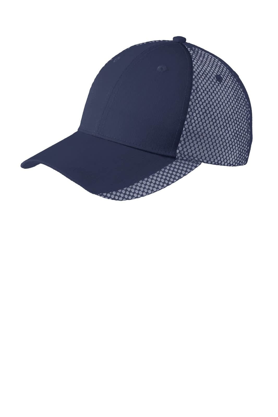 A navy cap with a two-colour design and a mesh back, featuring a logo on the front.