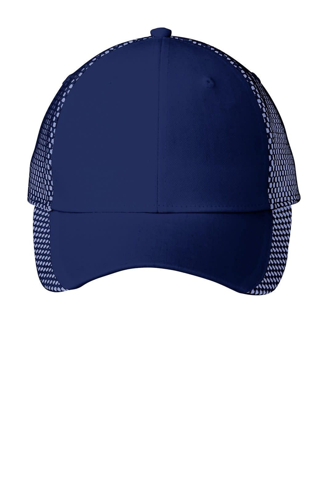 A navy cap featuring a mesh back with dotted patterns and a logo on the front.