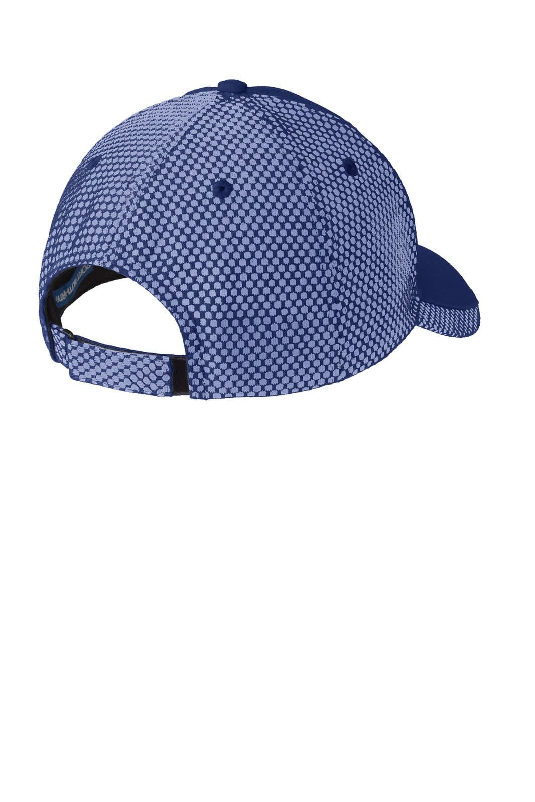 A cap featuring a two-tone mesh design in navy and light blue, with an adjustable strap at the back and a logo.