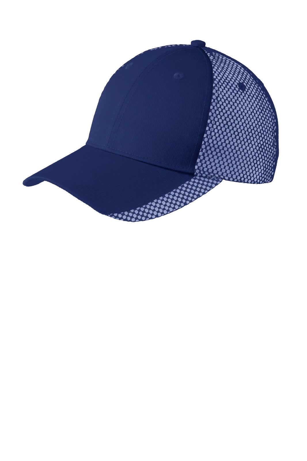 A navy blue cap featuring a two-colour design with a mesh back and a solid front. It includes a branding logo.