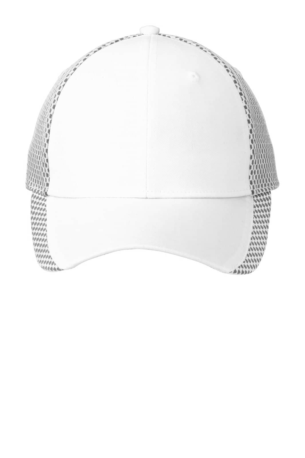 A white cap with a mesh back, featuring a stitched design and a logo on the front.