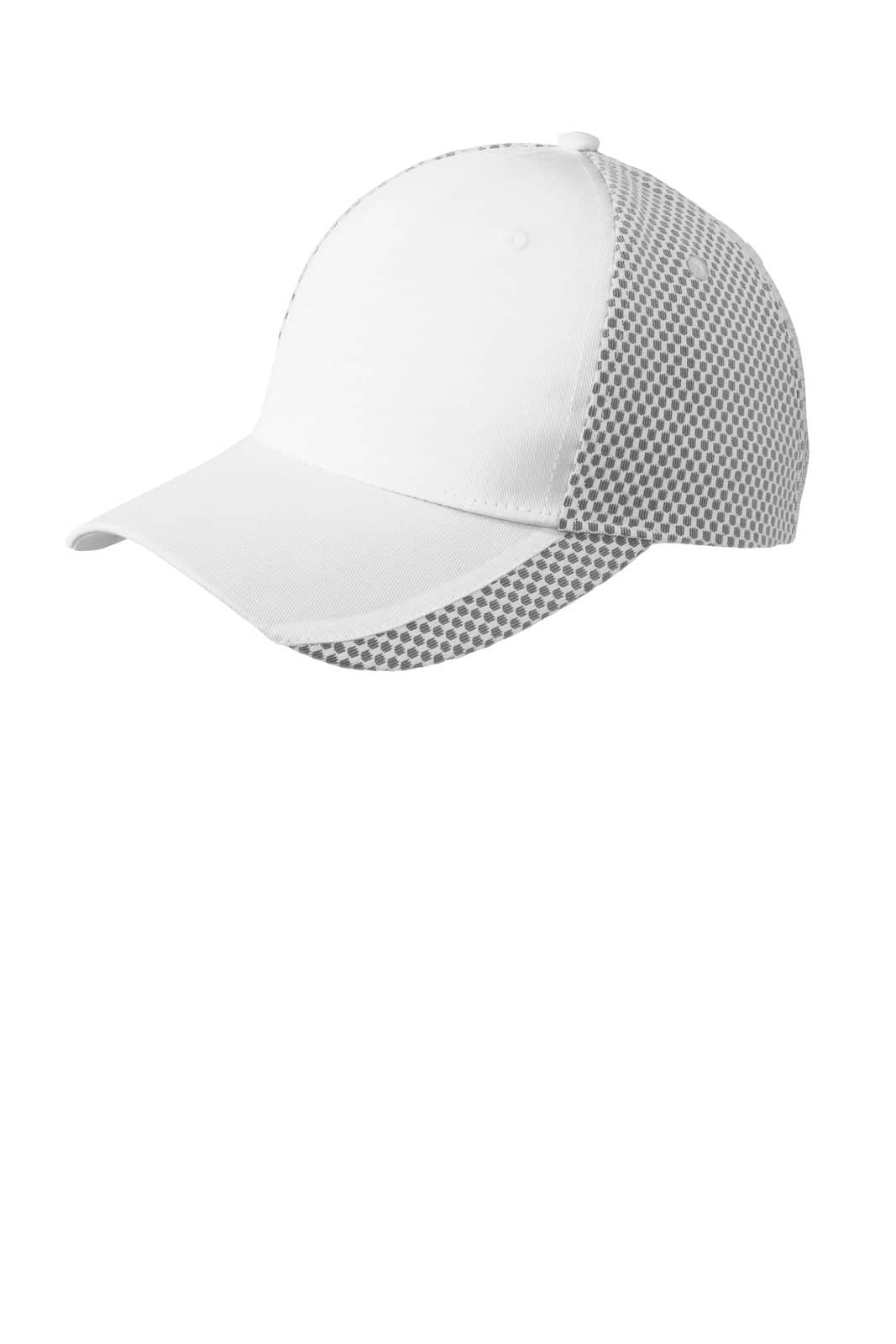 A white cap featuring a two-colour design with a mesh back and a logo.