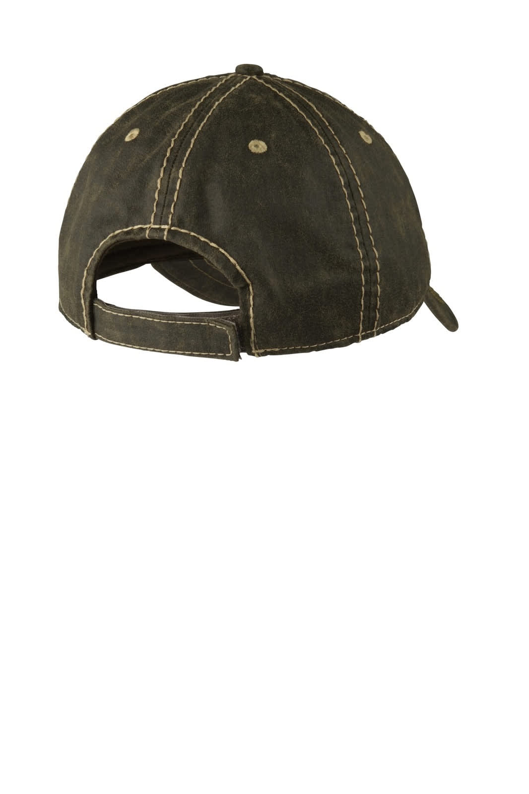 A distressed cap in dark green with prominent stitching and an adjustable back strap. Features a logo.