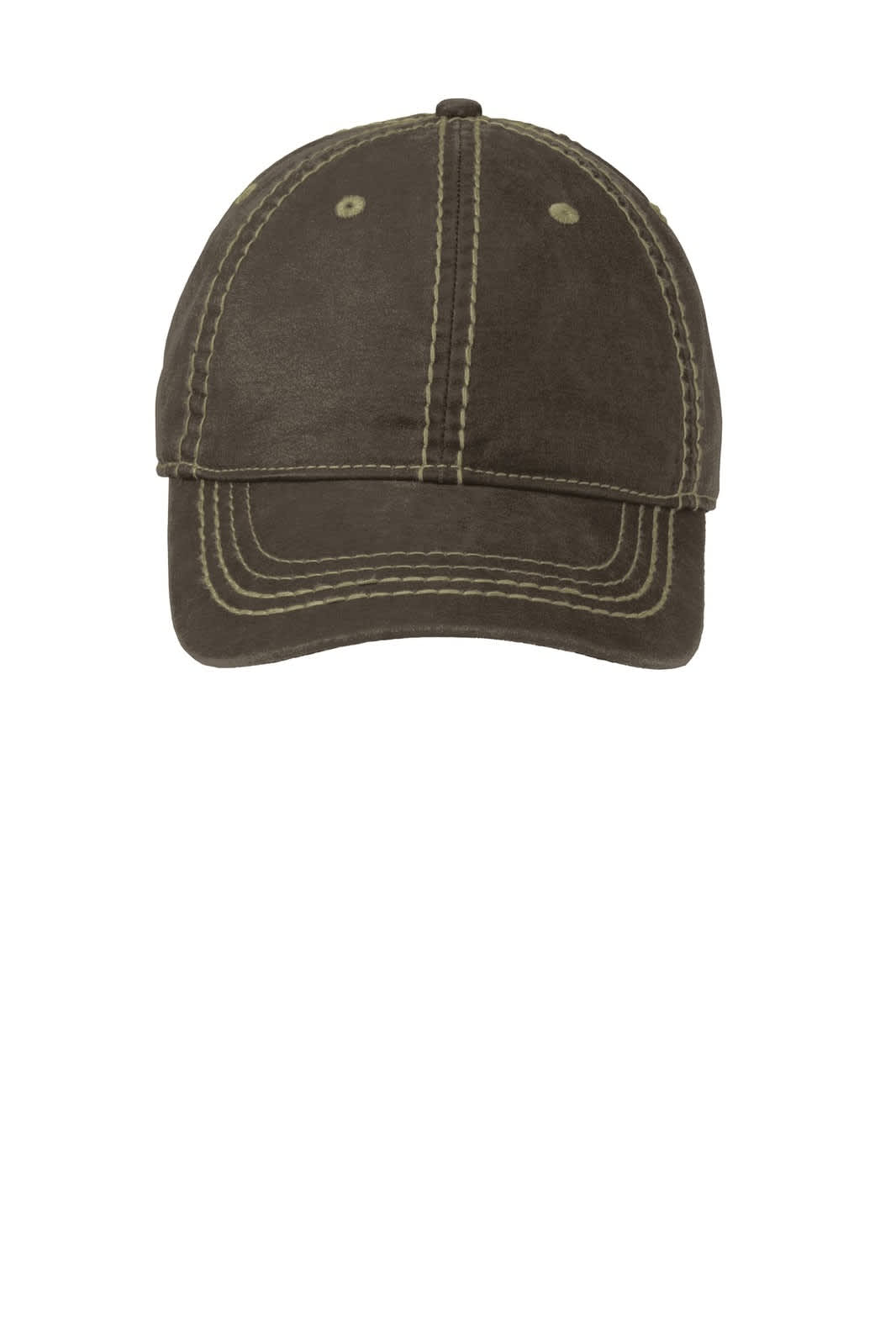A brown distressed cap with contrasting stitching and a curved brim, featuring a logo on the front.