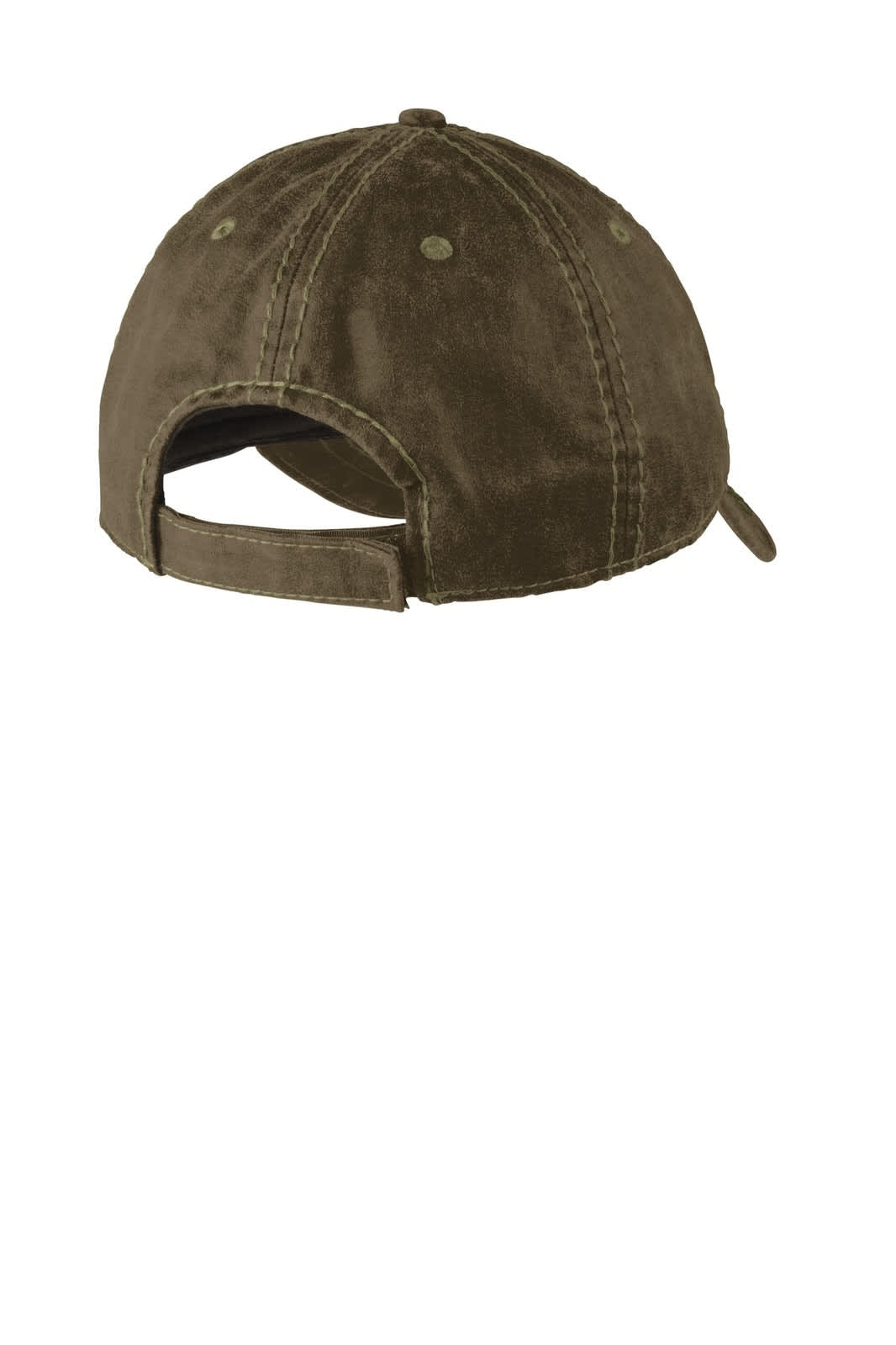 A brown distressed cap with a back strap and a logo, showcasing a classic, worn-in look.