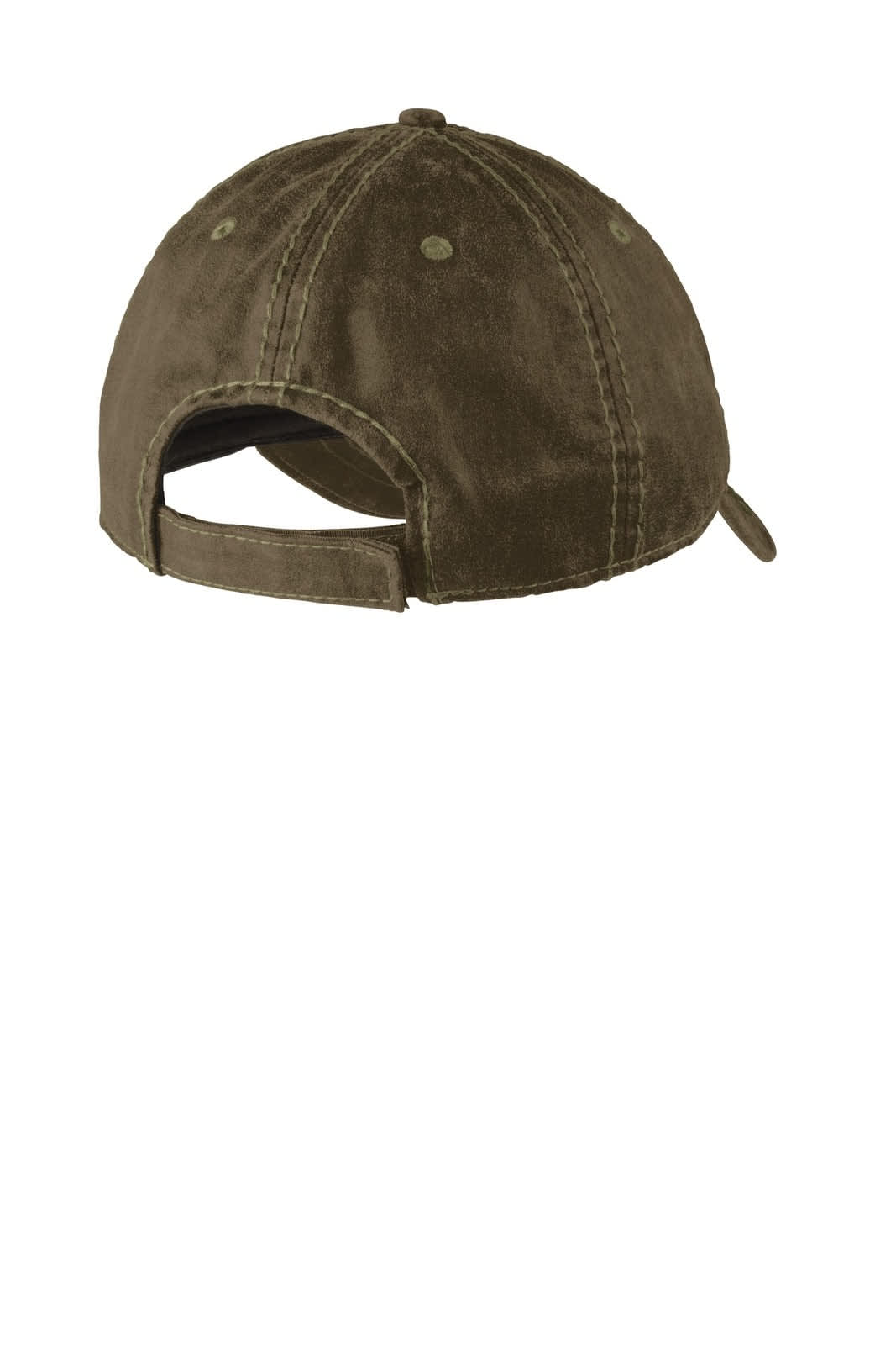 A distressed cap in earthy brown with a curved brim and adjustable back strap, featuring a logo.