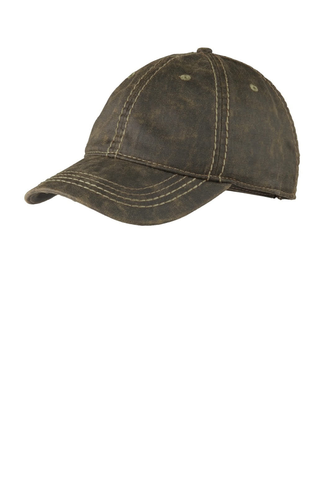 A distressed cap in olive green with contrasting stitching and a logo on the front.