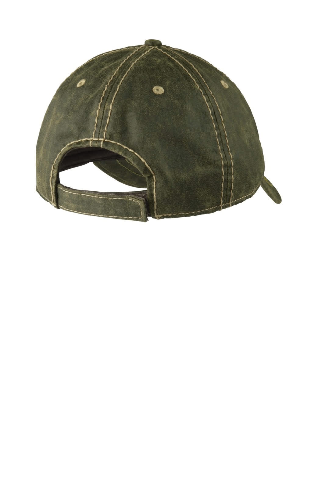 A green distressed cap featuring a curved brim and an adjustable strap at the back. It has a logo on the side.