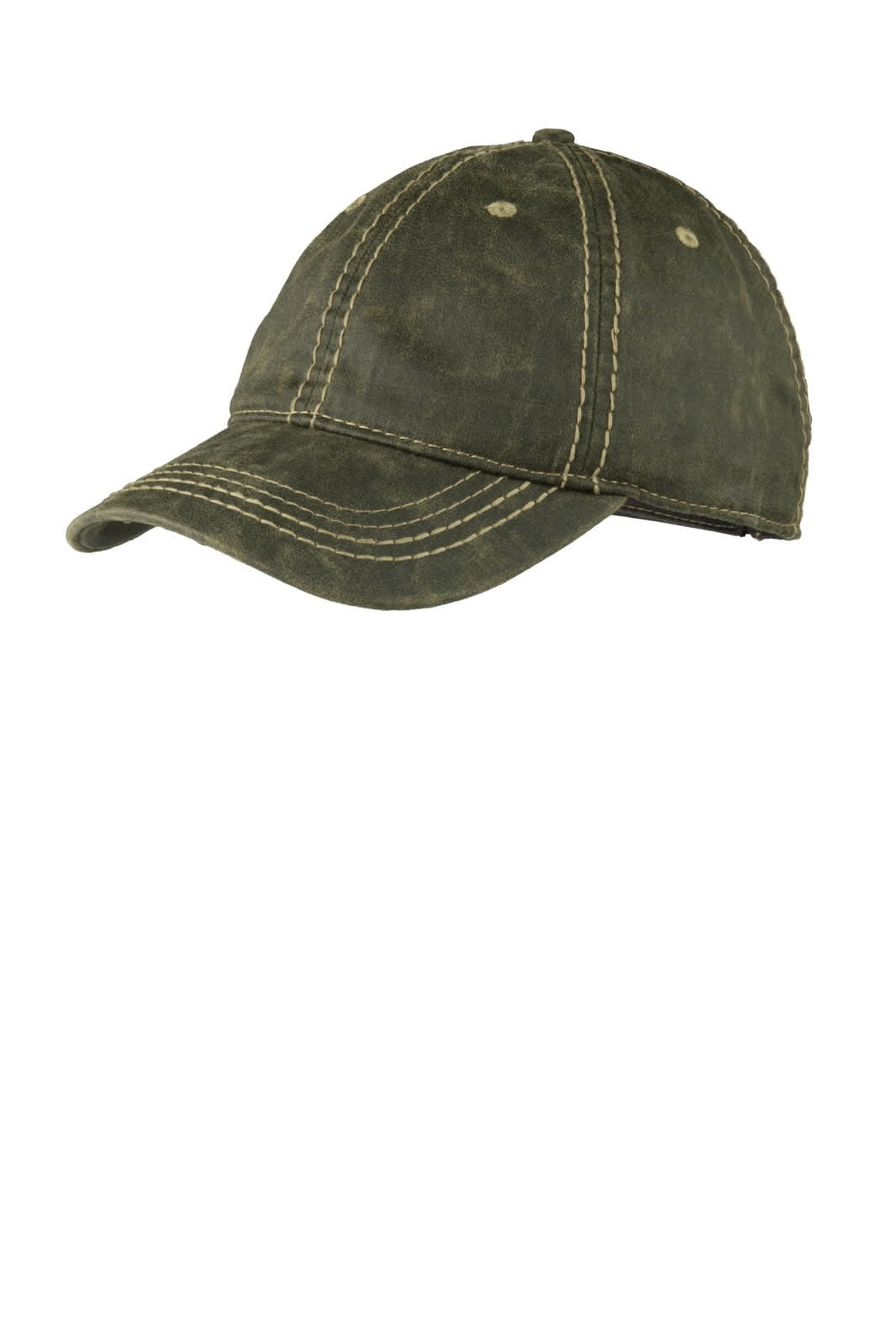 A distressed green cap featuring contrasting stitching and a logo on the front.