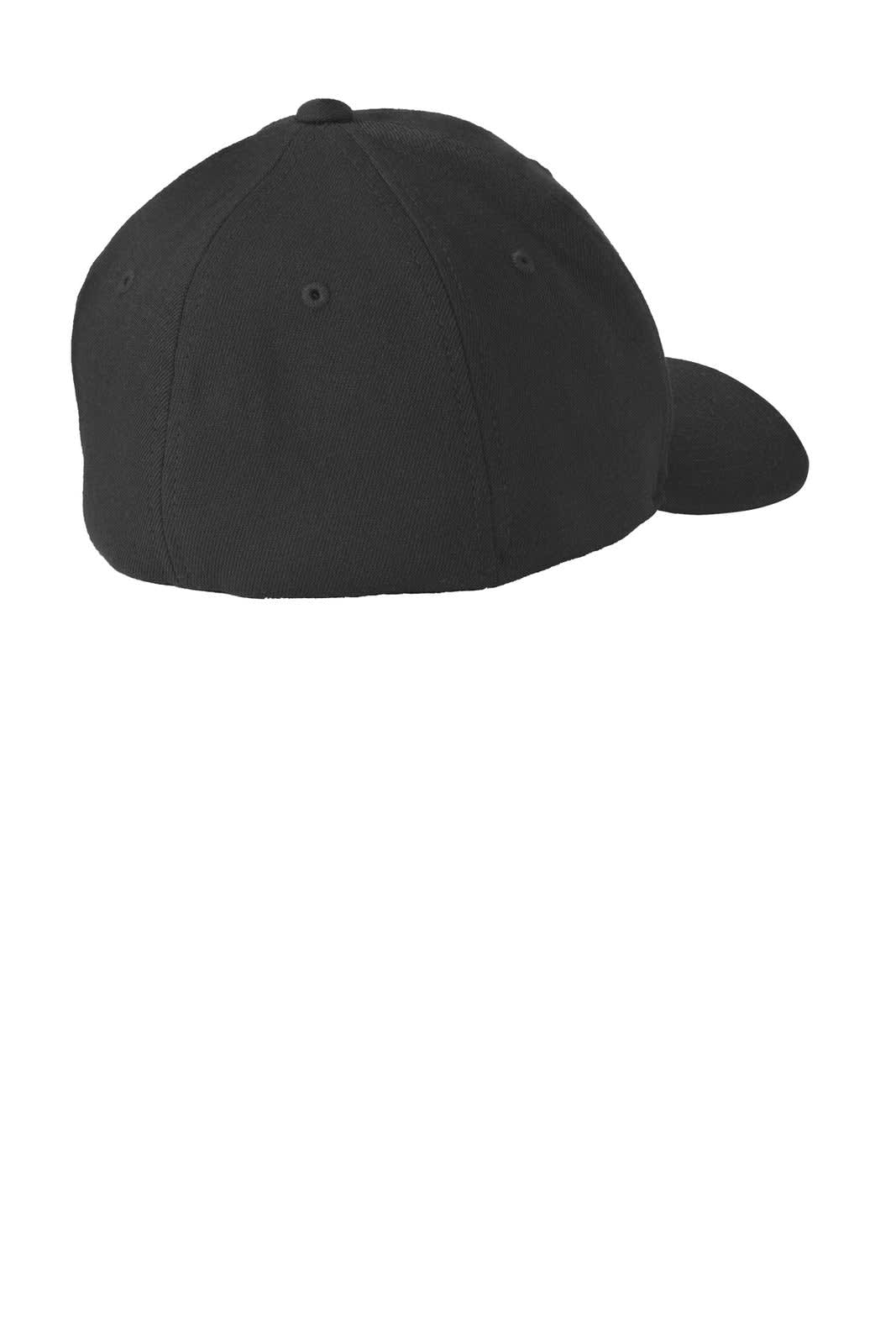 A black wool blend cap featuring a curved brim and a back view showcasing its fitted design and branding.