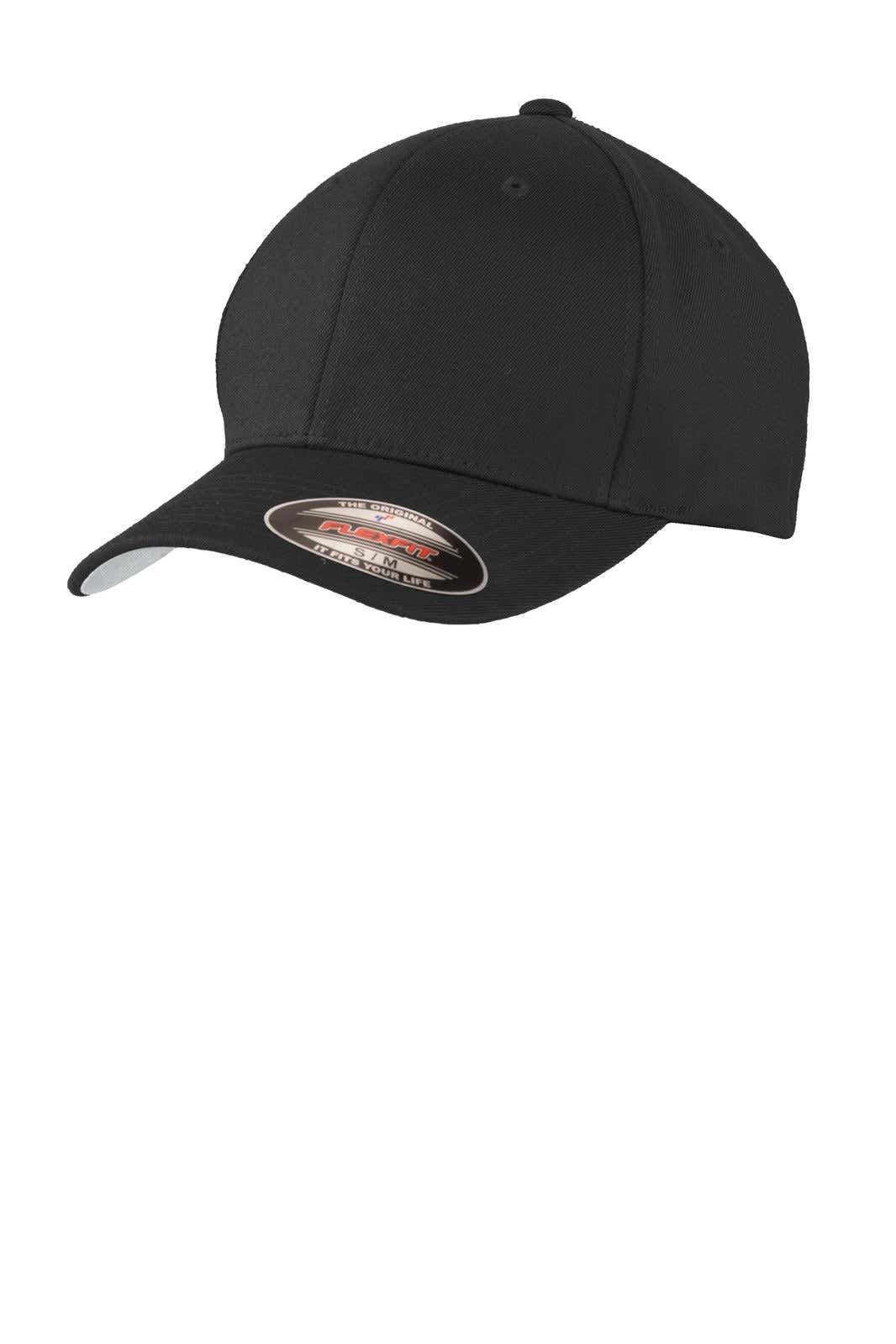 A black Flexfit wool blend cap with a curved brim and a branding logo on the front.