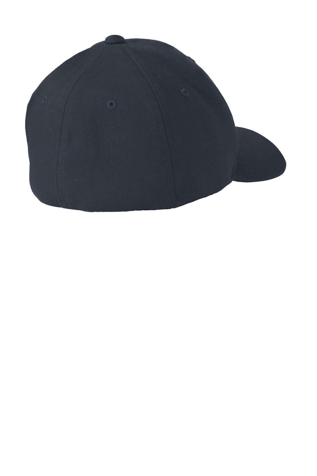 A navy cap with a curved brim, featuring a fitted design and stitching details on the back. It has a logo.