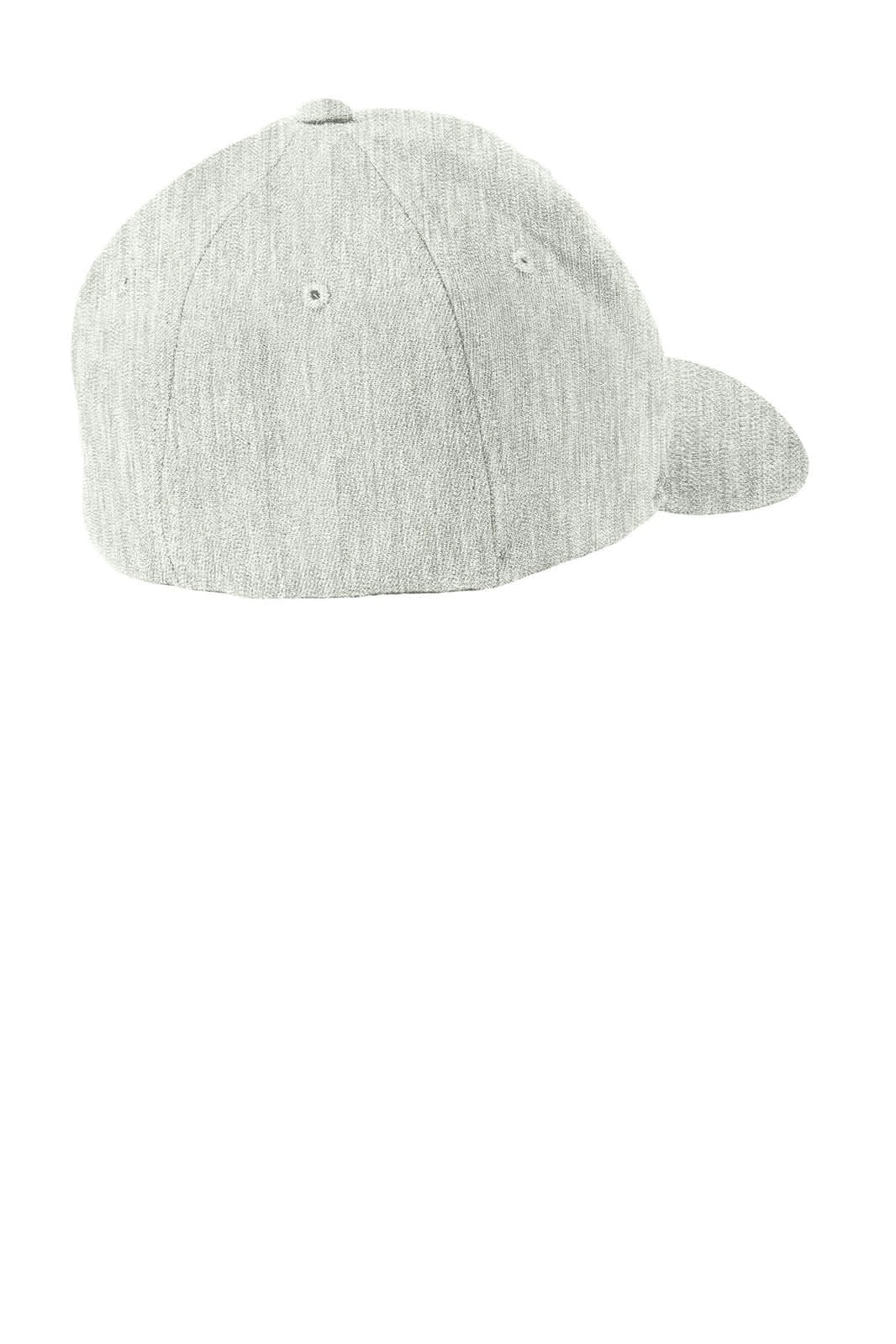 A grey wool blend cap featuring a rounded back and a curved visor, with a branding logo.