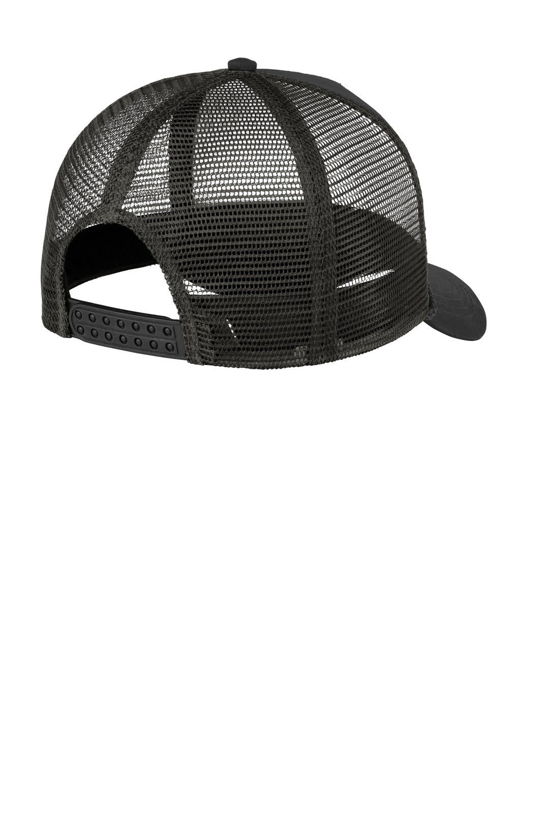 A black 5-panel snapback cap featuring a mesh back and an adjustable strap. It includes a logo.