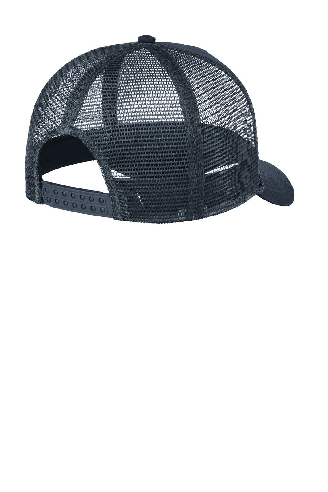 A navy 5-panel snapback cap with a mesh back and an adjustable strap. Contains a logo.