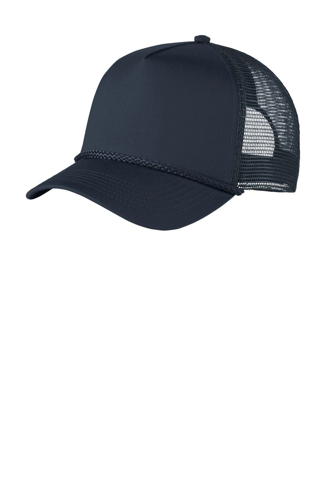 A navy 5-panel snapback cap with a mesh back and a decorative braid along the front. Includes a logo.