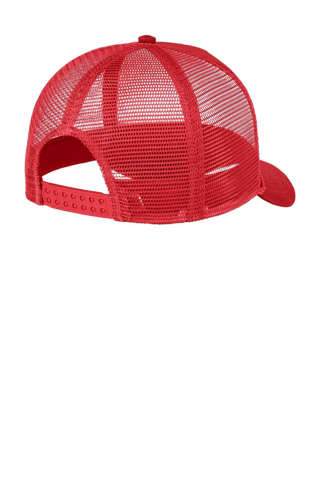 A red 5-panel snapback cap featuring a mesh back and an adjustable strap.