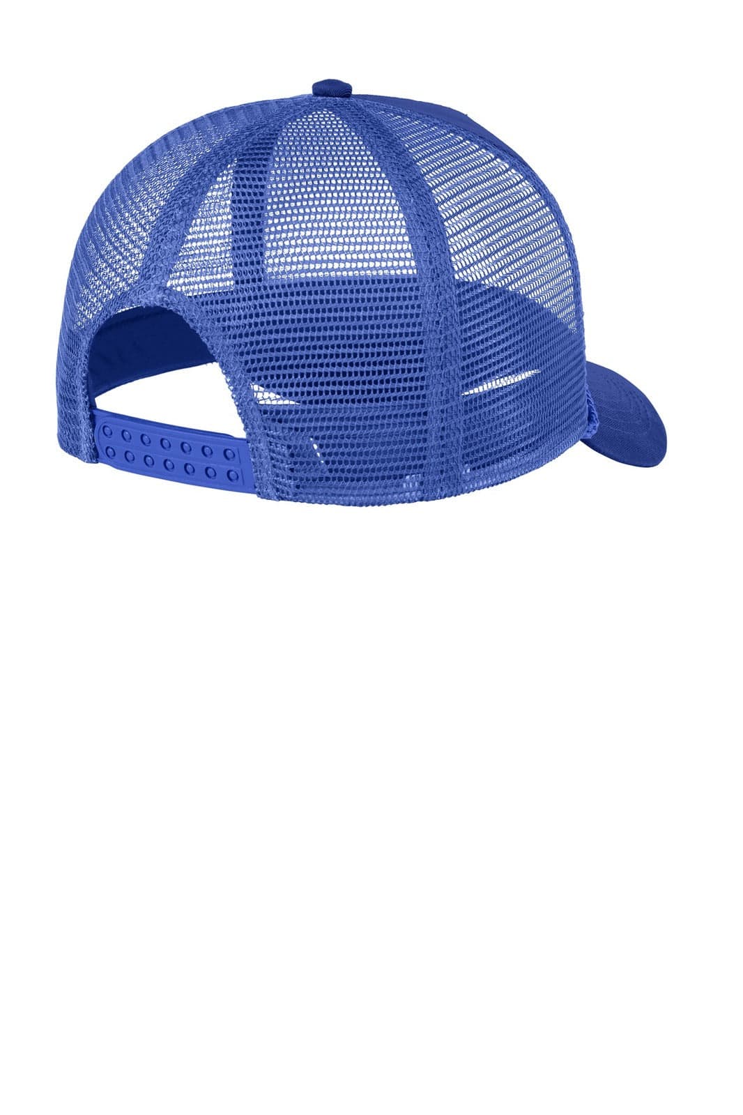 A blue 5-panel snapback cap with a mesh back and an adjustable strap. The cap features a logo.