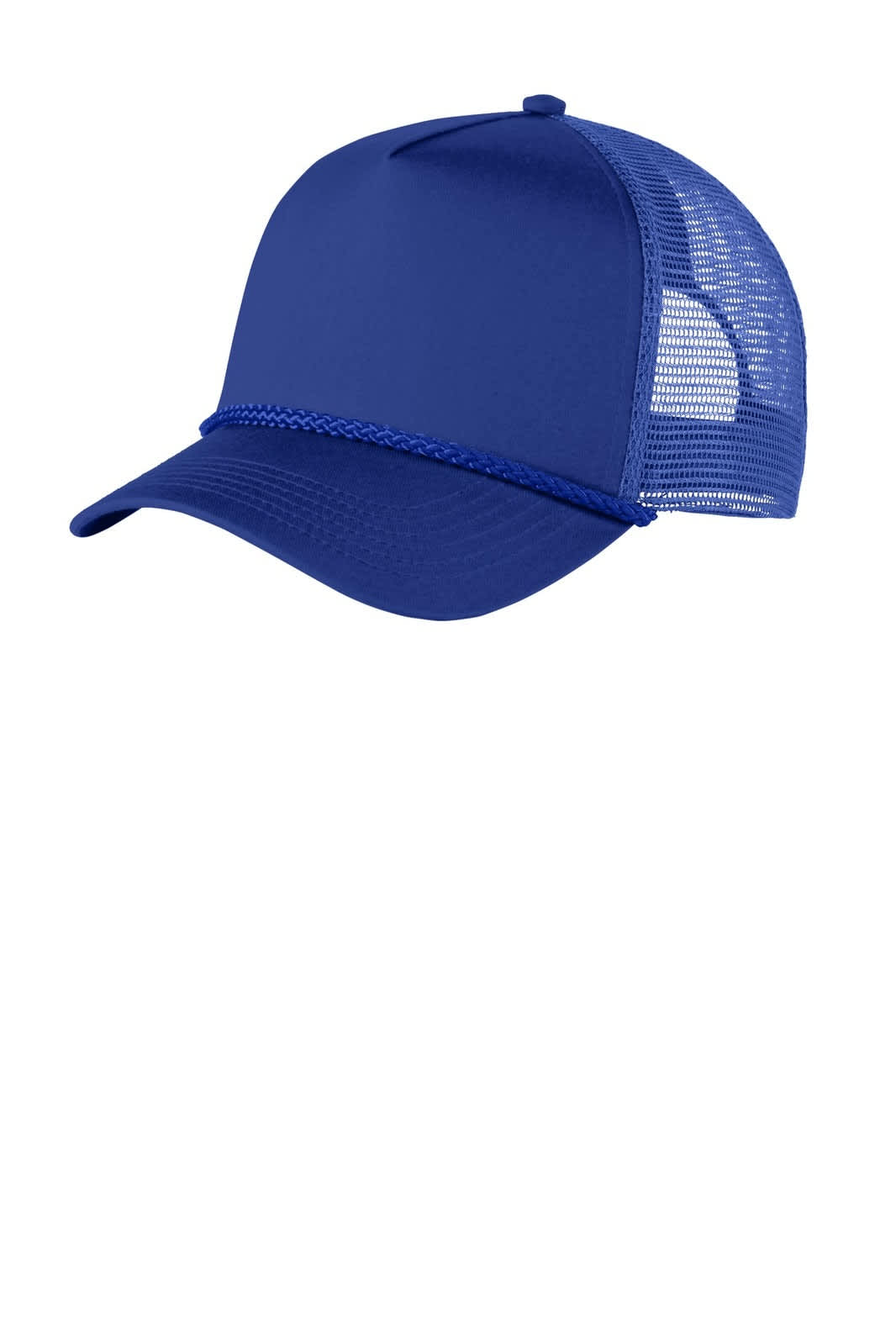 A blue 5-panel snapback cap featuring a mesh back and a decorative braided band.