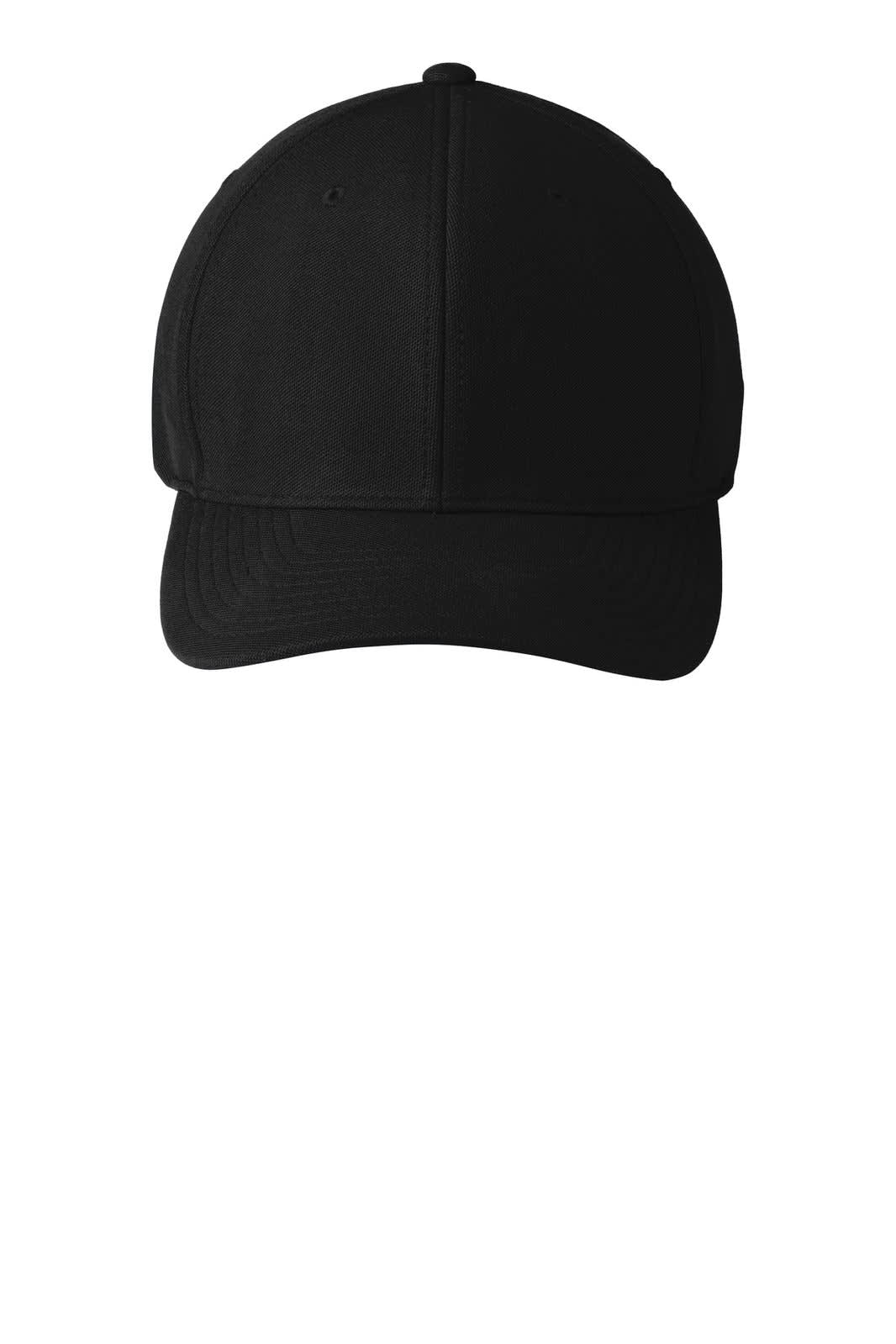 A black cap featuring a smooth surface, with a rounded bill and an adjustable fit. It has a logo on one side.
