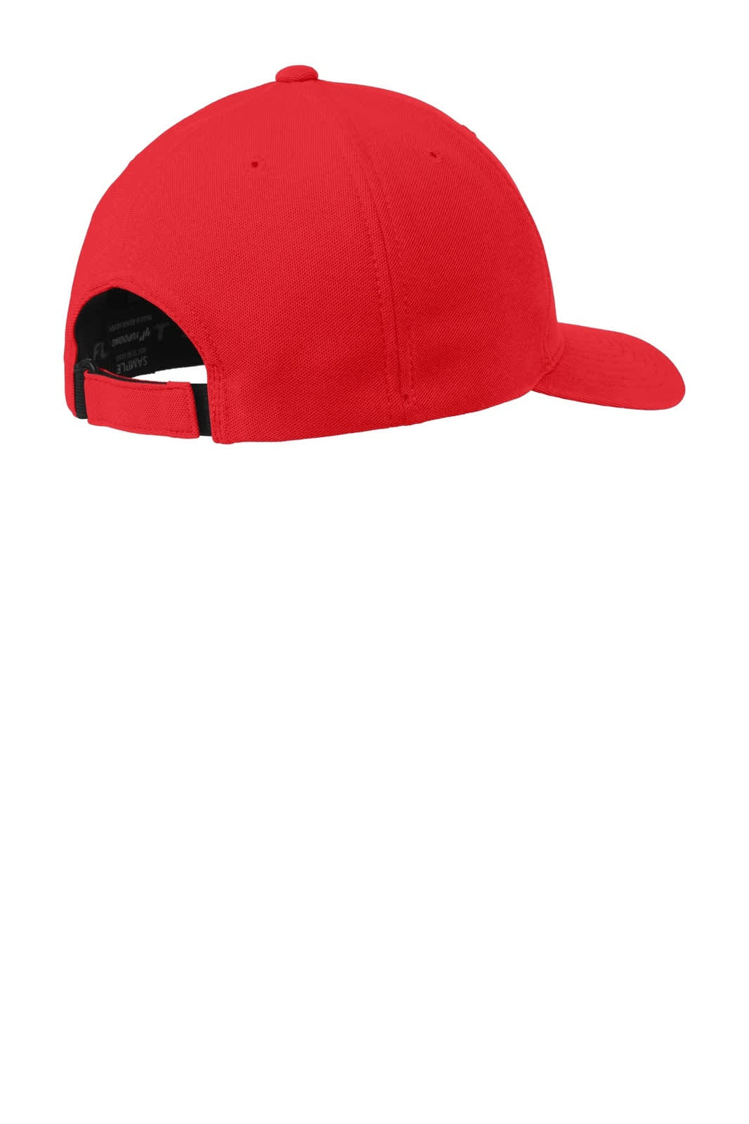 A red cap with a curved brim and an adjustable strap at the back, featuring a logo.