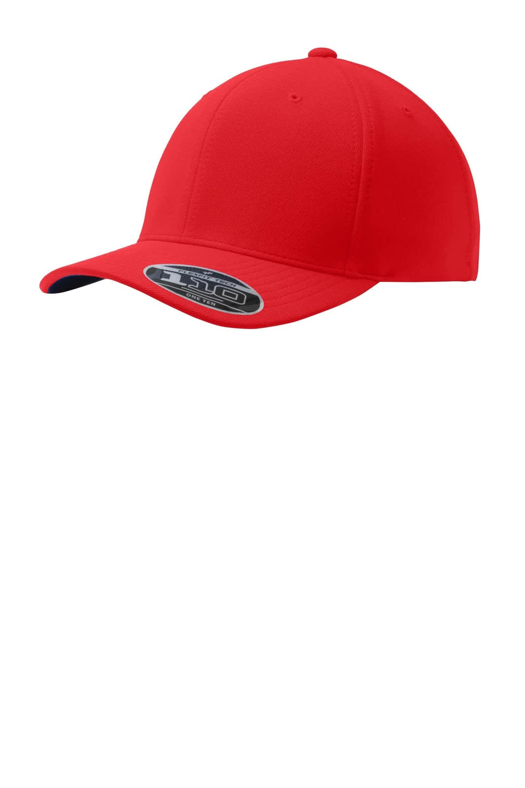 A red cap with a structured design and a curved peak, featuring a logo on the front.