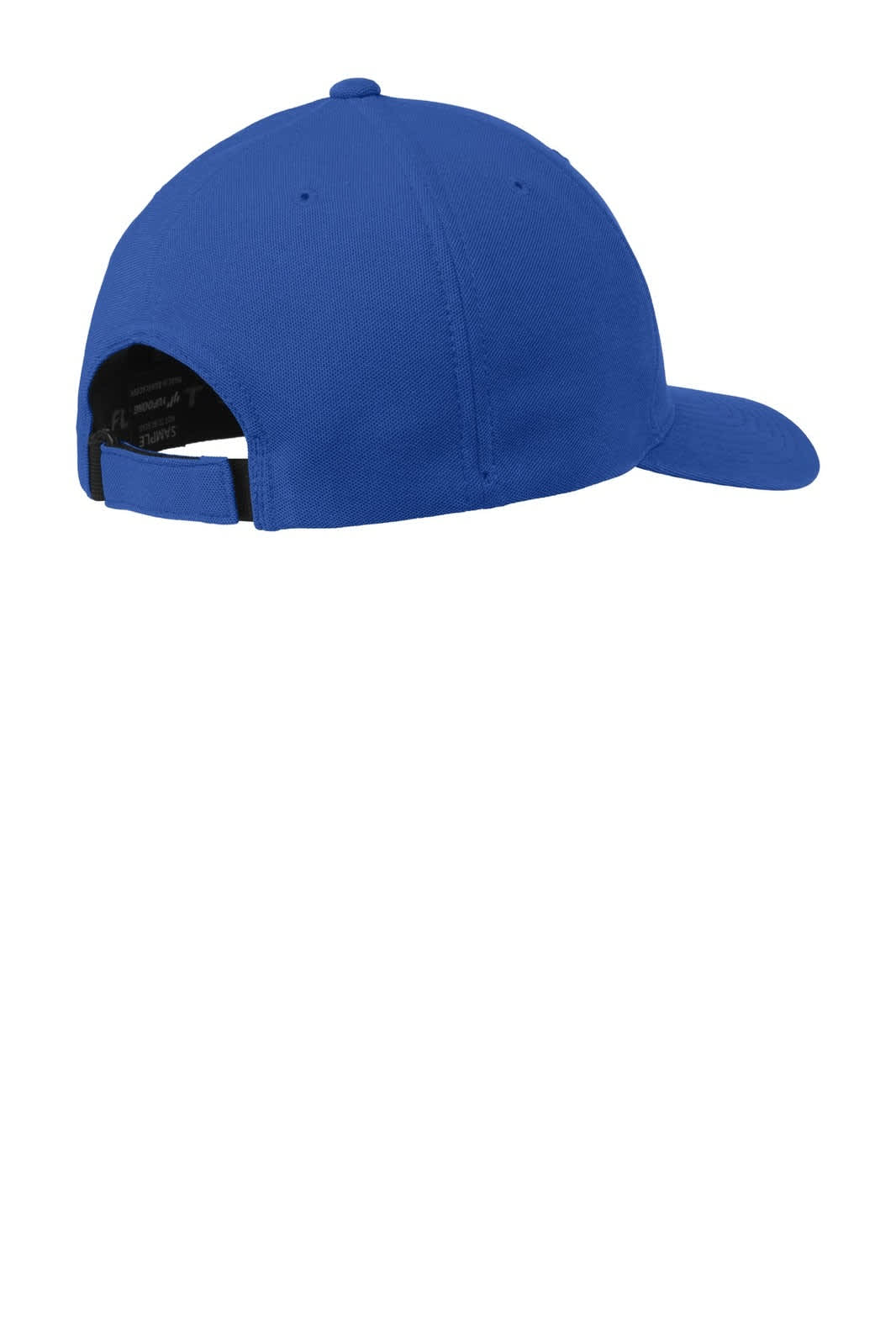 A blue cap featuring a solid design with a strap closure and a logo on the interior.