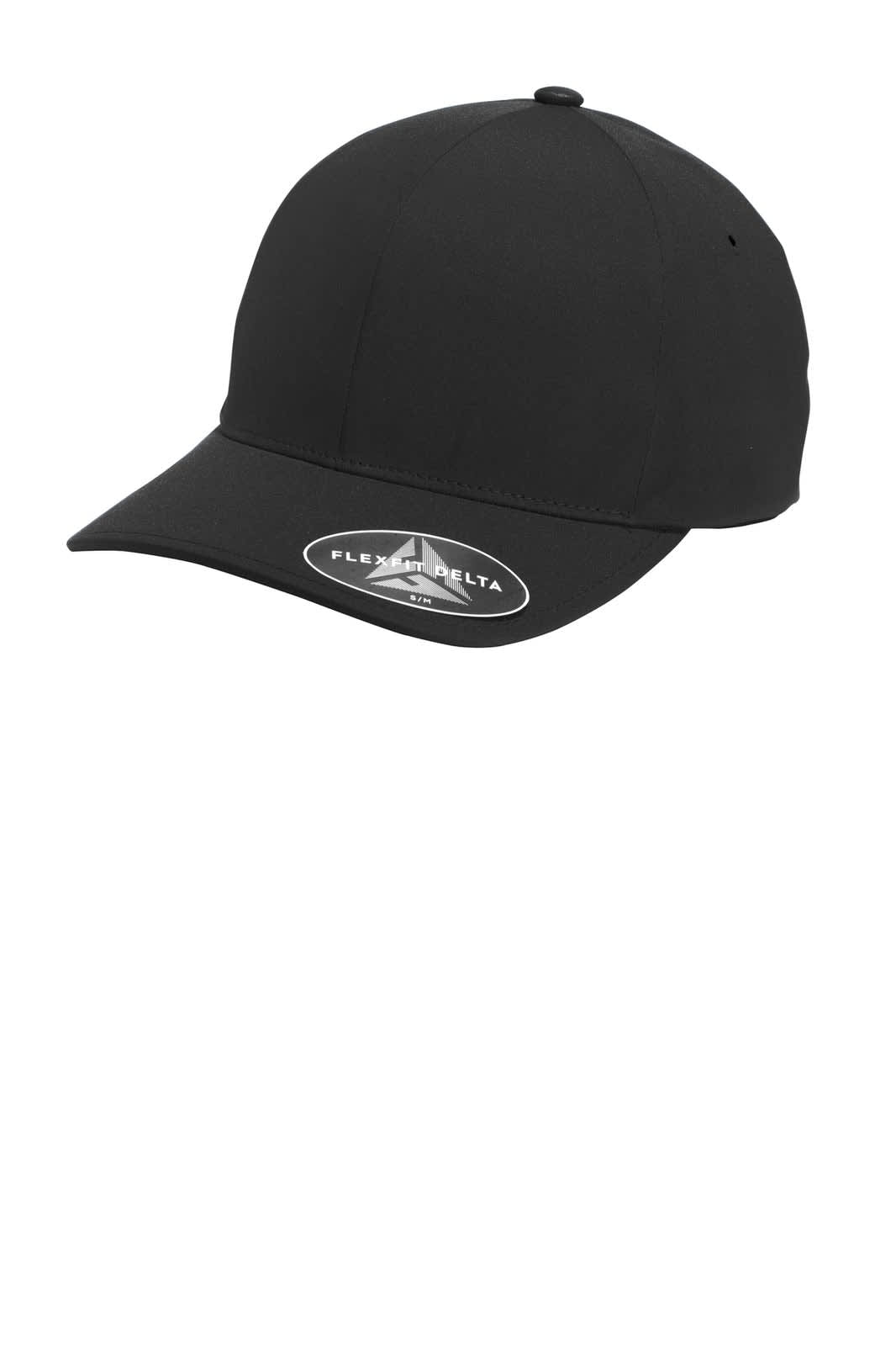 A black Flexfit Delta cap featuring a rounded crown and curved brim, with a logo on the side.