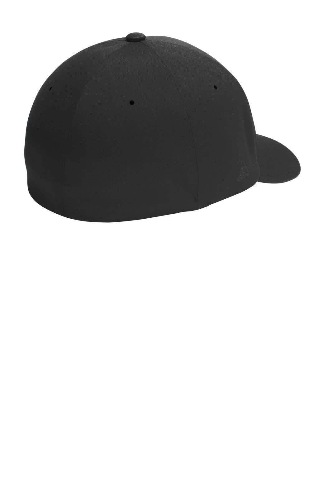 A black Flexfit Delta cap featuring a structured design and a logo on the side.