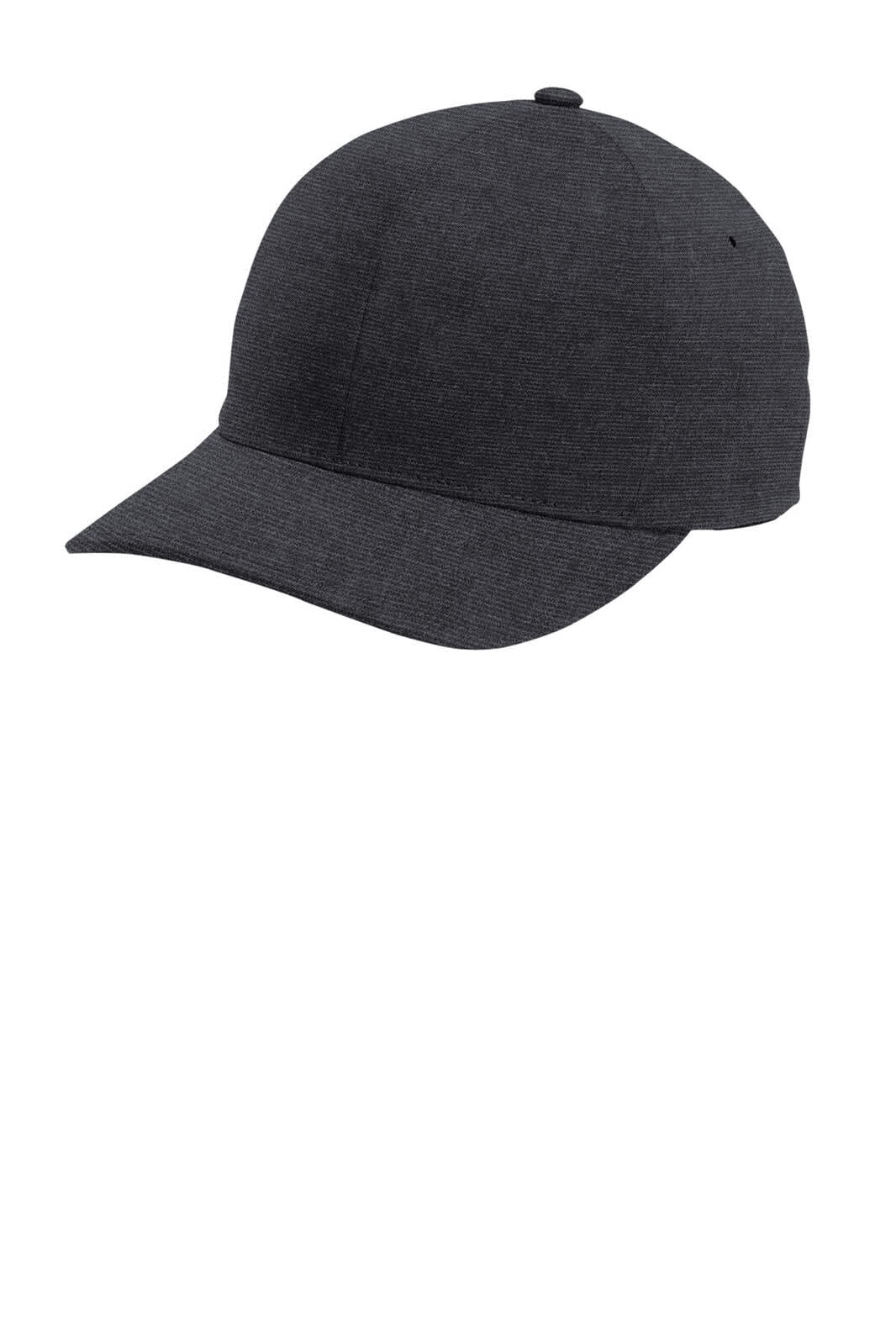 A flexible cap in a dark grey hue, featuring a rounded crown and a curved brim, with a branding logo.