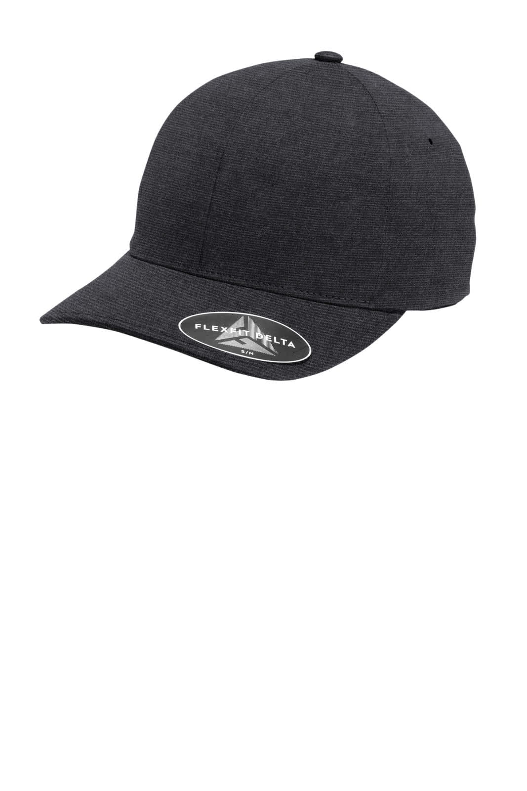 A dark grey Flexfit Delta cap with a rounded crown and curved visor, featuring a logo on the side.