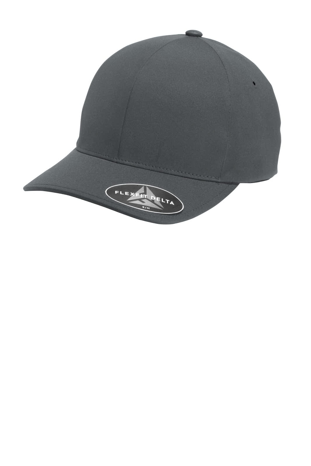 A grey Flexfit Delta cap with a curved brim and a logo on the side. Suitable for casual wear.
