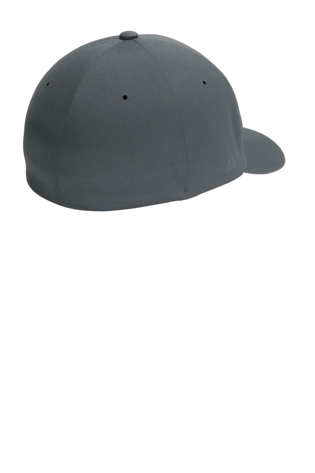 A grey Flexfit Delta cap featuring a rounded back and a flat brim, with ventilation holes and a logo.