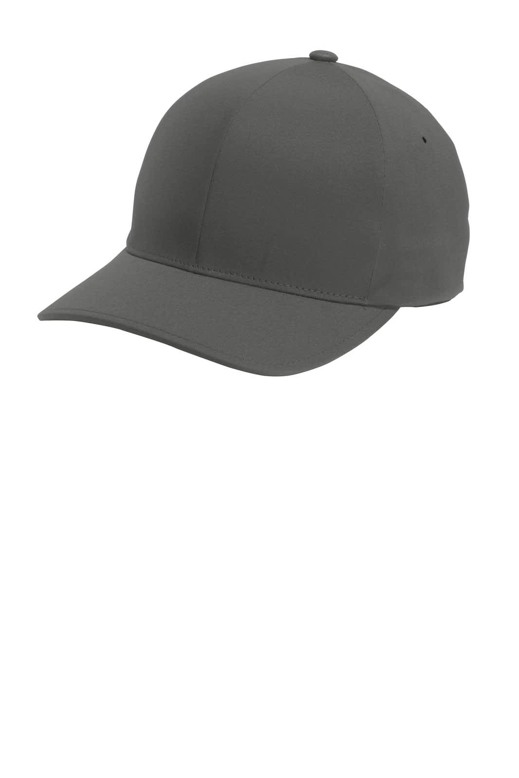 A grey cap with a curved brim and an unadorned design, featuring a logo on the side.