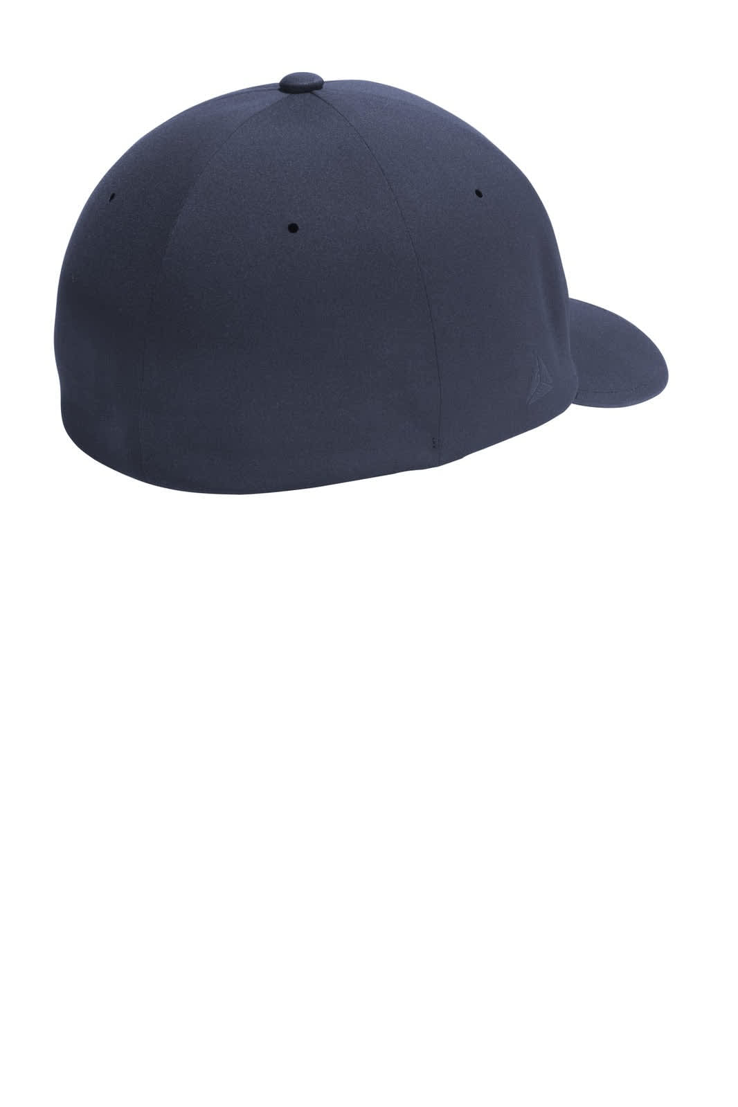 A navy blue Flexfit Delta cap featuring a smooth design and a logo on the side.