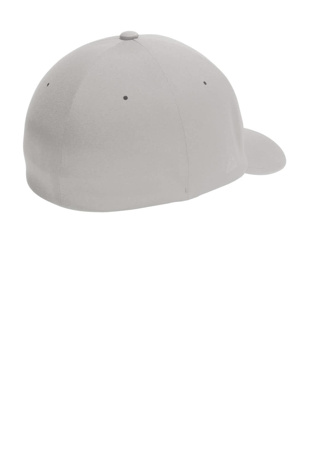 A grey Flexfit Delta Cap featuring a fitted design and a smooth finish, with a logo on the side.