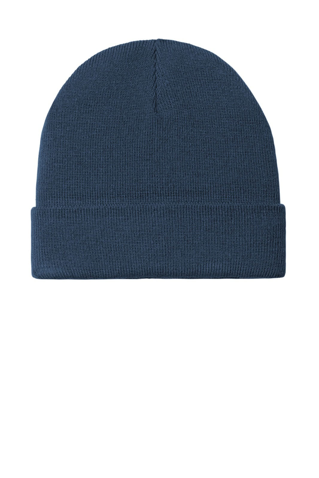 A navy blue knit cuff beanie with a simple design and a fold-over edge. It features a logo on the side.