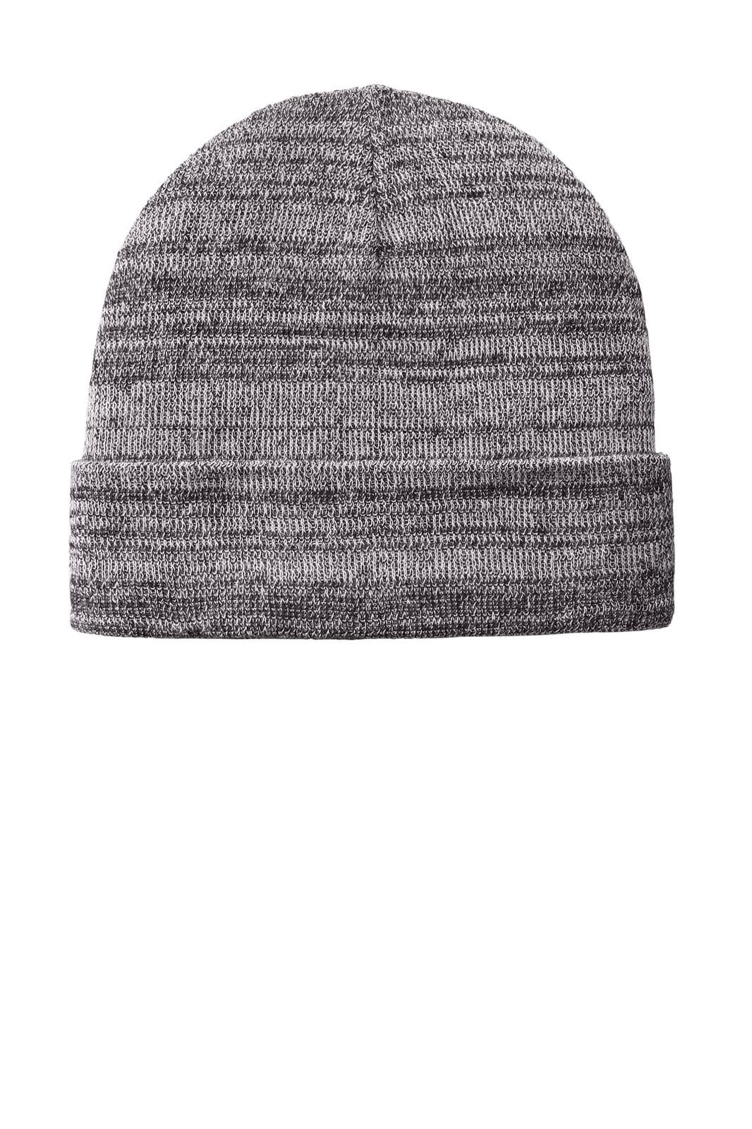 A grey knit cuff beanie featuring a textured pattern and a folded brim. It has a logo on the side.