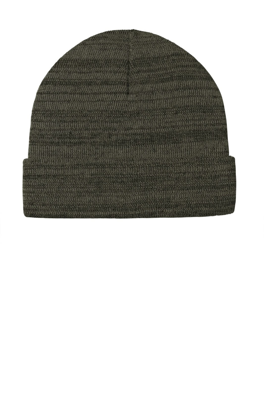 A dark green knit cuff beanie with a textured design and a fold-up cuff, featuring a logo.