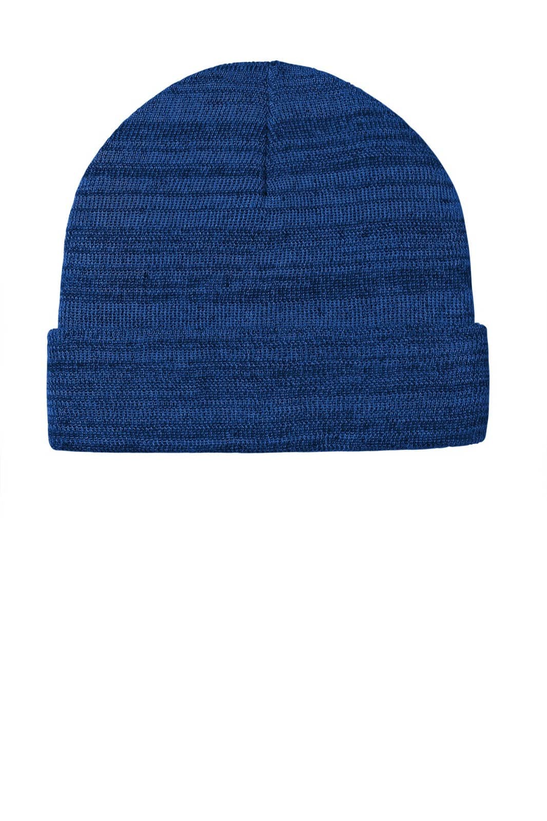 A blue knitted cuff beanie with a textured pattern and a folded hem. It features a logo on one side.