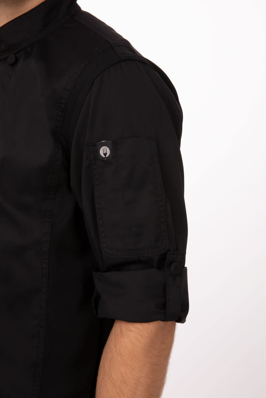 A black men's chef jacket featuring a roll-up sleeve and a pocket on the arm. Includes a logo on the pocket.